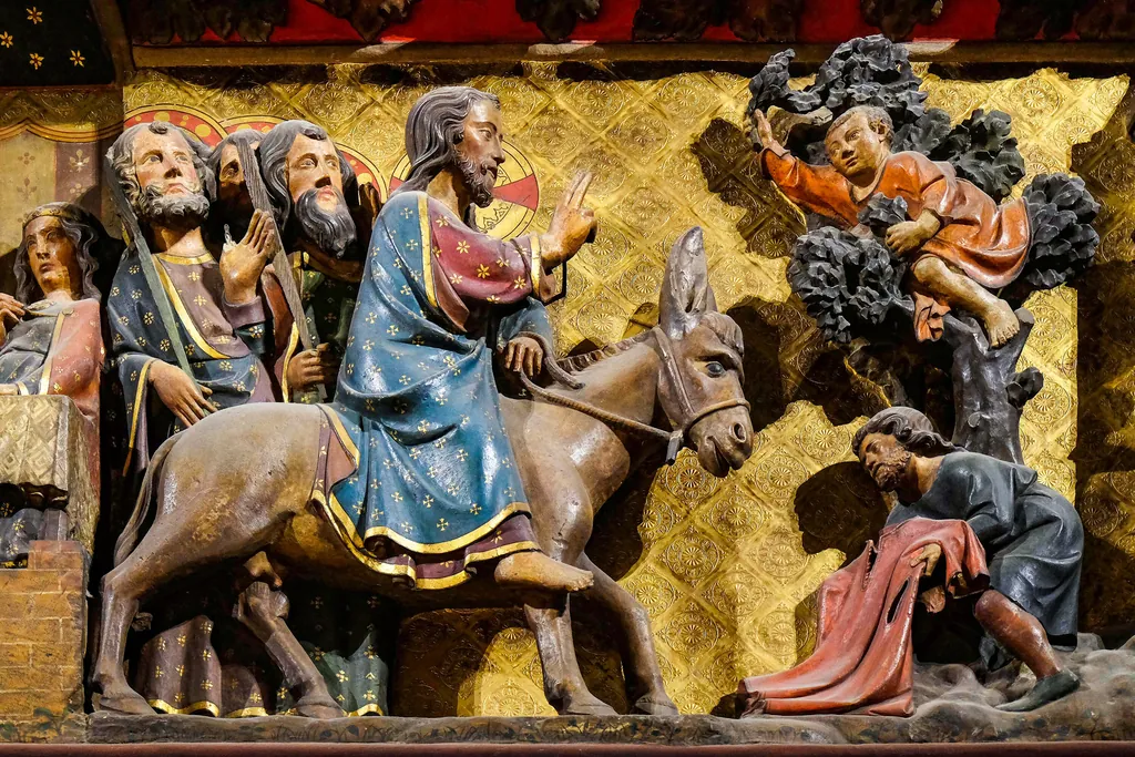 Painted medieval relief sculpture inside Notre-Dame de Paris