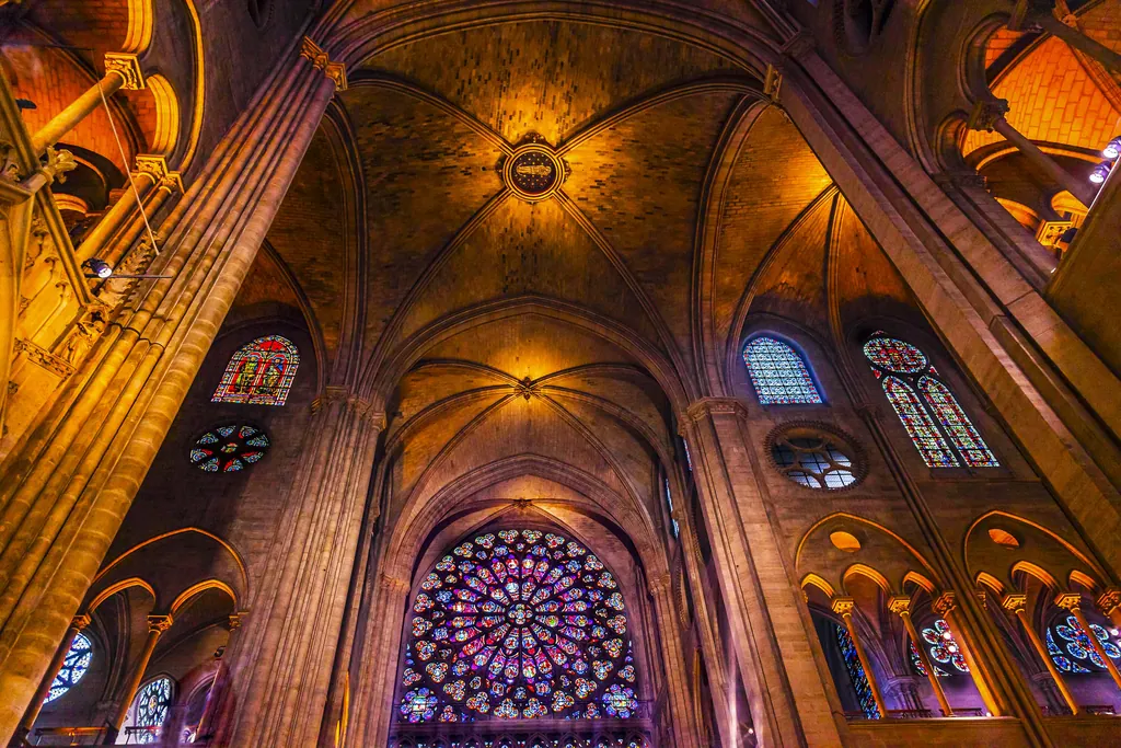 Interior vaults and a rose window of Notre-Dame de Paris